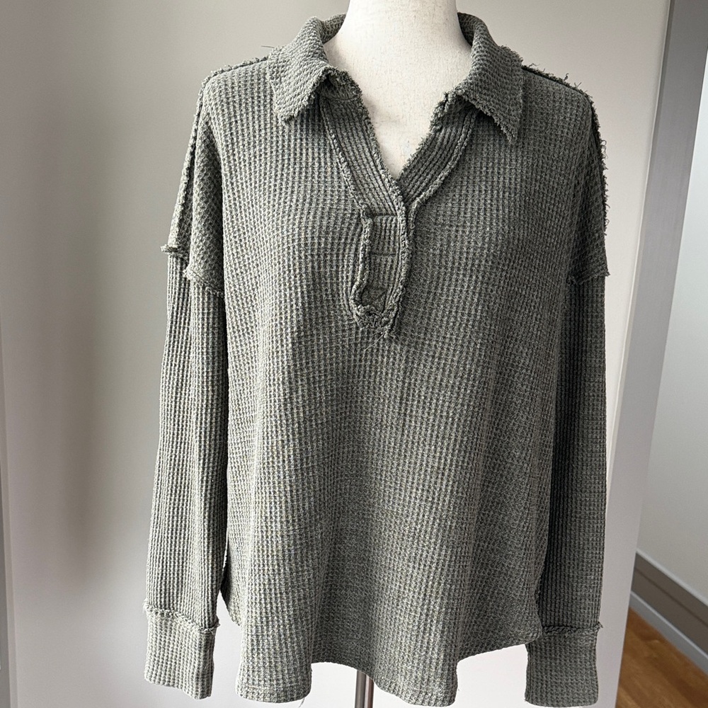 Rae Mode Oversized Women's Olive Waffle Knit Pullover